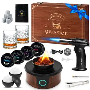 Electric Whiskey Smoker Kit, Luxurious Wooden Box, Heartfelt Father's Day Gifts, with 4 Wood Chips, Torch, Ice Molds, Recipe, Stones, Old Fashioned Bourbon Cocktails Smoker, Gifts for Men (No Butane)