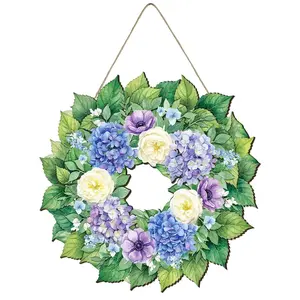Wooden Blue Hydrangea Wreath Door Hanger, Spring Floral Front Door Sign, Summer Hallway Indoor Porch Wall Window Decor