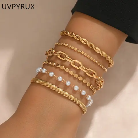 Women's 6pcs/Set Stackable Bracelet Jewelry for Adults - Metal-Coated Thin Chains, Paperclip Links, Cuban Link, Star Motif, Casual Wear, Lightweight, Comfy All Day, Effortless Shine, Birthday Gift