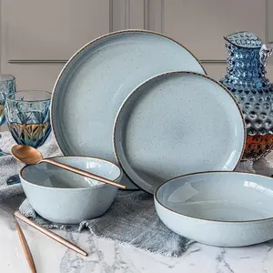Over&Back Options 16-Piece Geometric Dinnerware Set in Durable Gres with Bright Enameled Finish for Daily Use and Microwave Safe Cutlery Tableware