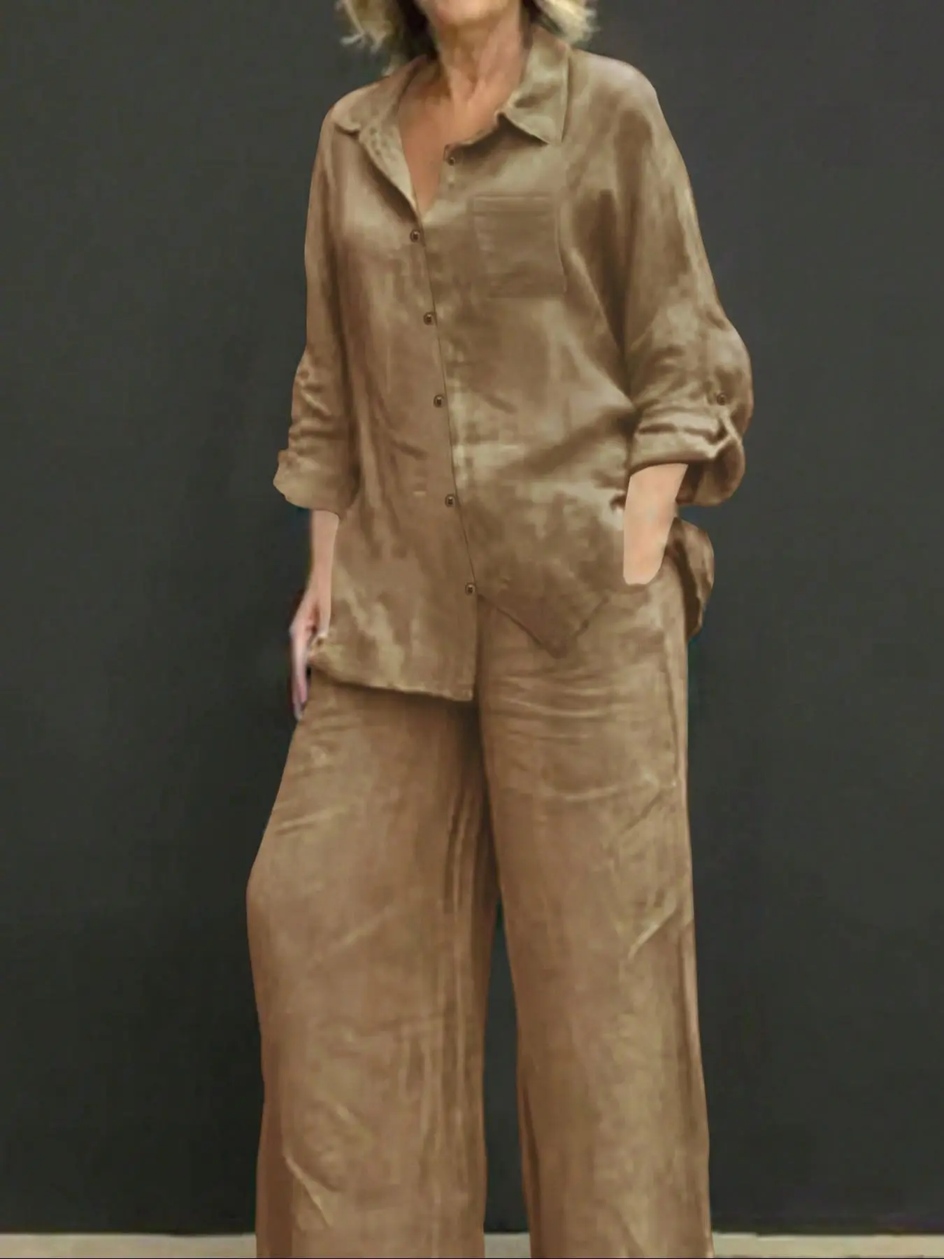 Spring Summer Fall Polo Neck Casual Everyday Clothes Cardigan Set, Slimming Pure Color Elegant Shirt Top, Vacation Commute Comfort Soft Fabric Pants Two-Piece Suit Outfit Womenswear Style