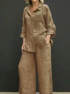 Spring Summer Fall Polo Neck Casual Cardigan Set, Slimming Pure Color Elegant Shirt Top, Vacation Commute Comfort Soft Fabric Pants Two-Piece Suit Outfit Womenswear Style