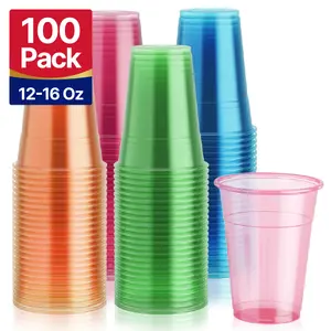 100pc 12oz/16oz Disposable Bulk Case Blacklight Plastic Cups | Neon Cups for Cold Drinks, Juices | Restaurant Supply Party Disposable Glow In The Dark