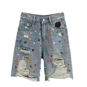 Summer New Style-Denim colored diamond shorts/fashionable casual shorts JEWELS BERMUDA DENIM SHORTS Womenswear Bottom
