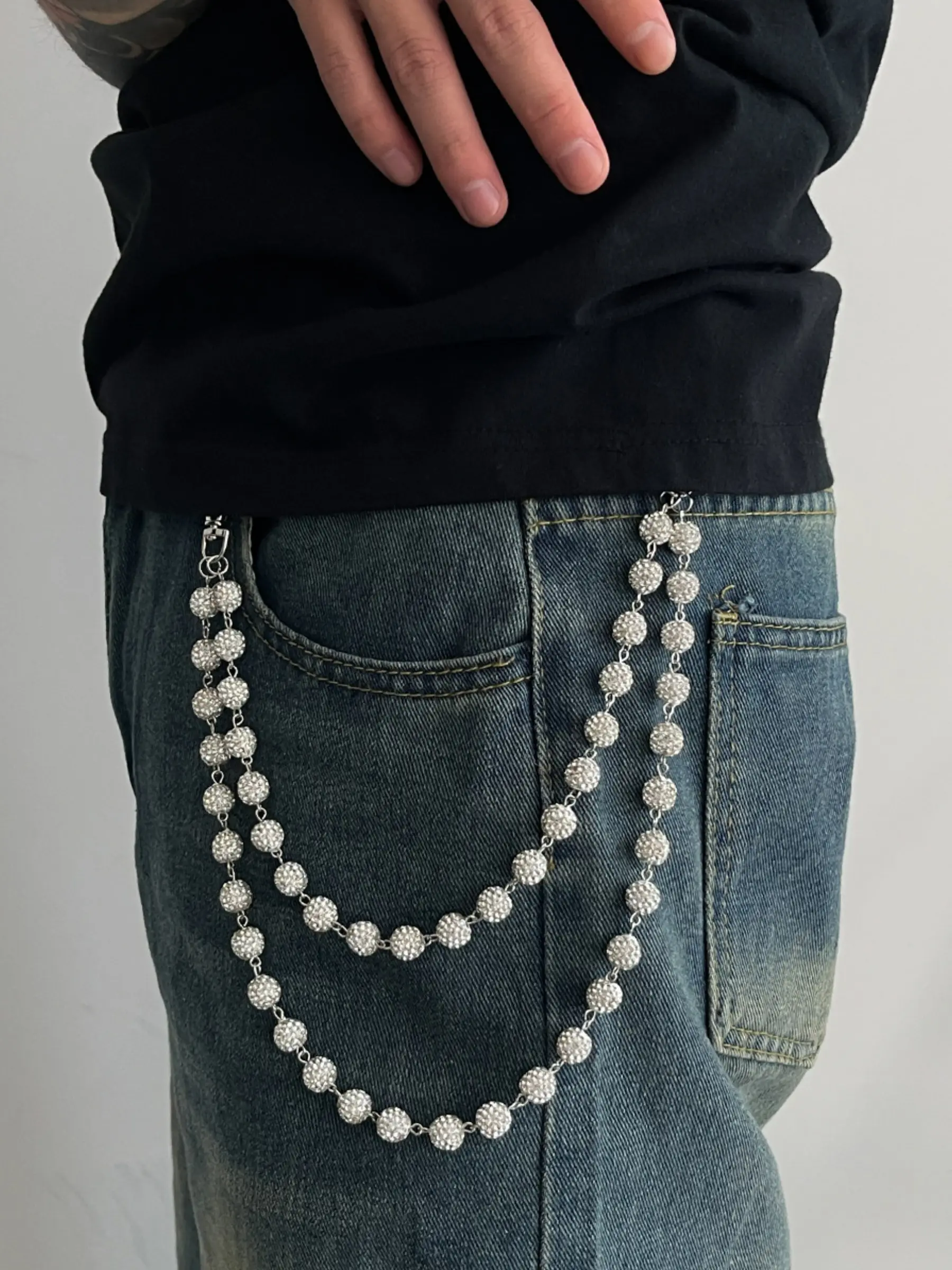 Hip Hop Wallet Chain for Men Jeans Pocket Belt Layered Bling Chain Disco Rhinestone Beads Baseball Drip Punk Jewelry Gifts Goth Accessories for Men Chains for Pants Chain Accessory