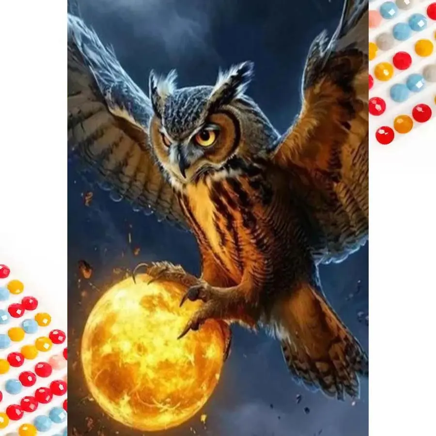 5D DIY Full Drill Round Diamond Painting - Diamond Art Kit Owl, Fireball, Night Sky Mosaic, Canvas - DIY Decor, Home Wall Decor, Suitable for Halloween and Christmas, Birthday and Anniversary Gifts