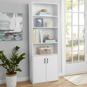 Traditional 5 Shelf Bookcase with Doors, Soft White Finish
