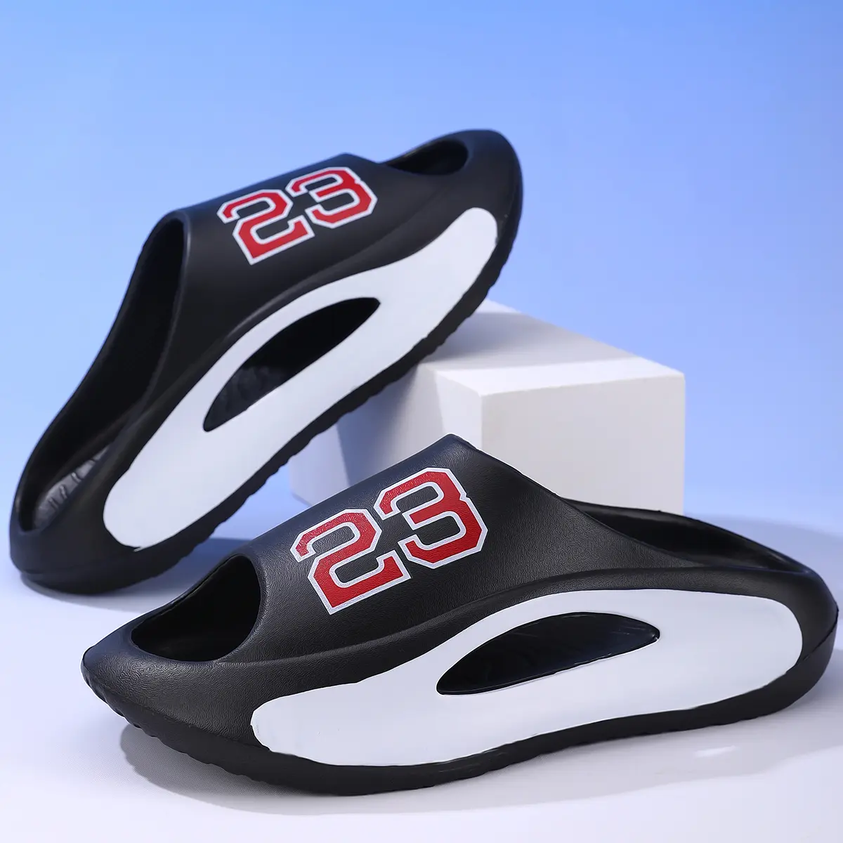 Men's 23-Print Footwear Slides - Soft, Quick-Dry, Easy On/Off, Water-Resistant, Non-Slip Summer Slippers, Black Walking Shoes for Indoor, Outdoor Use Boy
