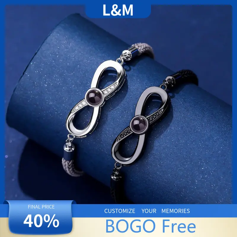 Mobius Matching Couple Bracelets, Custom Photo Projection Alloy Pendant with Interchangeable Silicone Band, 100 Languages "I Love You" HD Print, Sentimental Boyfriend Gifts, Couple Gifts for Adults, Birthday Daily Wear (Custom Content Contact Us), Mobius