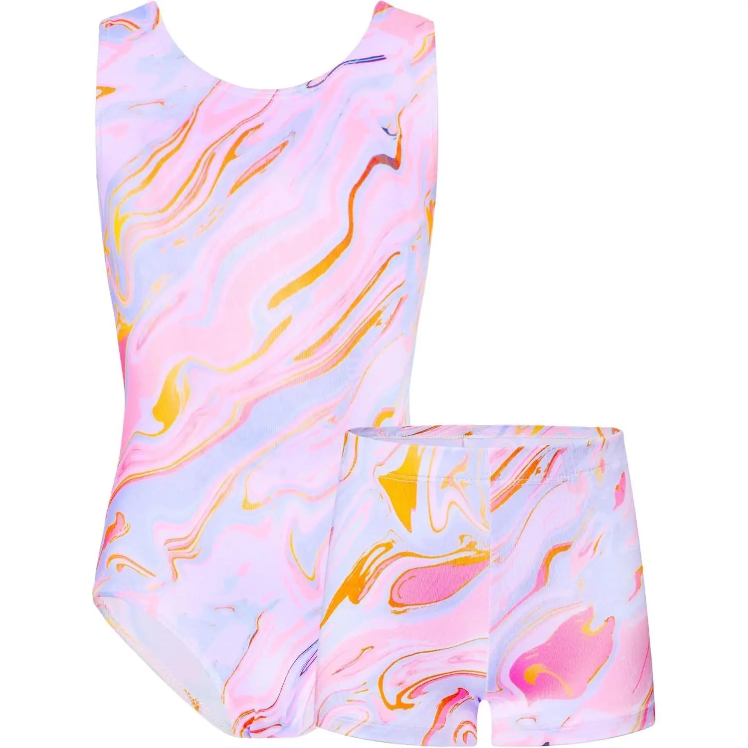 Girls' Sparkly Graphic Gymnastics Leotard and Shorts Set, Sleeveless 4-Way Stretch Dance Outfit, Comfortable Sport Specific Clothing for Tumbling, Graphic Clothing, Stretchy Shorts, Female, Bold Design, Sparkle Print