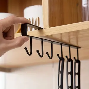 Under Cabinet Mug Hooks, No Drill Under Shelf Mug Rack with 5/6 Hooks, Heavy Duty Metal Cup Hanger for Kitchen, Coffee Mugs, Utensils & Towels, Easy to Install
