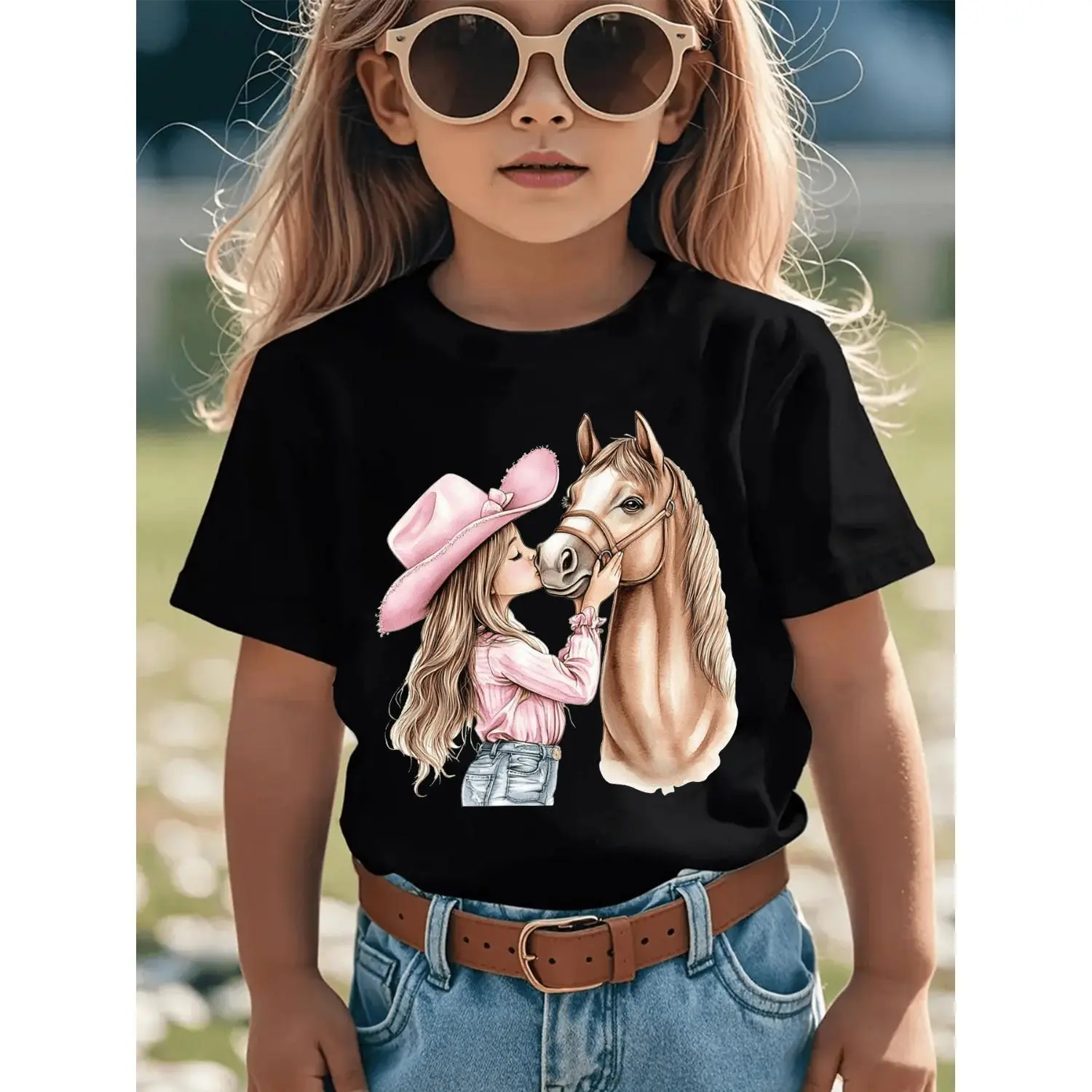 Girls' Summer Short Sleeve T-Shirt with Kissable Horse & Mara' Cartoon Patch - Pink Casual Round Neck Blouse for Equestrian Outfits