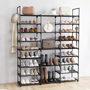 Superlele 9 Tiers Shoe Rack Organizer, Black, 50-55 Pairs, Stackable Metal Shelf With Hooks For Entryway, Shoe Racks For Bedroom Closet