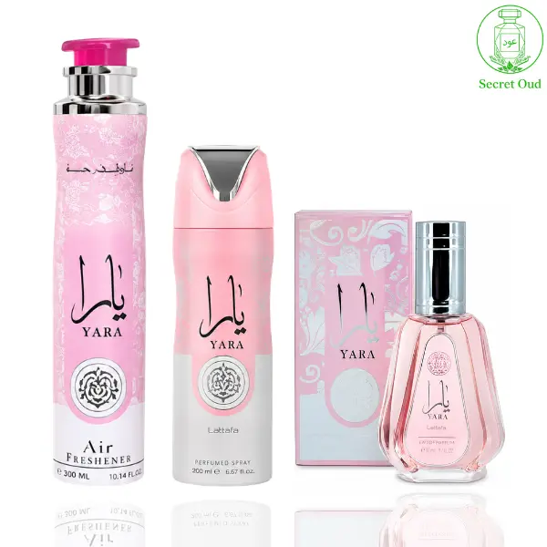 Yara Perfume 50ml (1.7oz) + Yara Deodorant 200ml (6.67oz) + Yara Air Freshener 300ml (10.0 oz) from Lattafa Perfumes