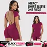 [SIZE UP 1] Women's DEEFY Impact Short Sleeve Sculpting Waist Shapewear Jumpsuit - Tummy Control, Butt Lifting, Comfy Tight-Fitting Fitness Sport Outfits, Gym Workout Apparel for Gym Training, Yoga