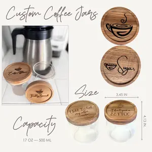 Personalized Coffee Canister Set with Engraved Glass Jars and Wood Lid - Custom Coffee Decor for Coffee Lovers - Bottles, Tin