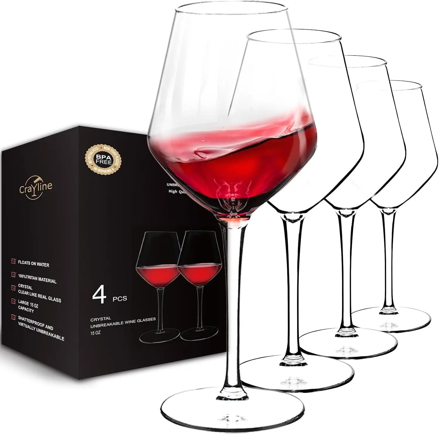 crayline Plastic Wine Glasses Set of 4(15oz) | 100% Tritan & BPA Free | Unbreakable Wine Glasses with Stem | Dishwasher Safe | Perfect For Pool, Patio, Camping, Outdoor Parties, Everyday Use.