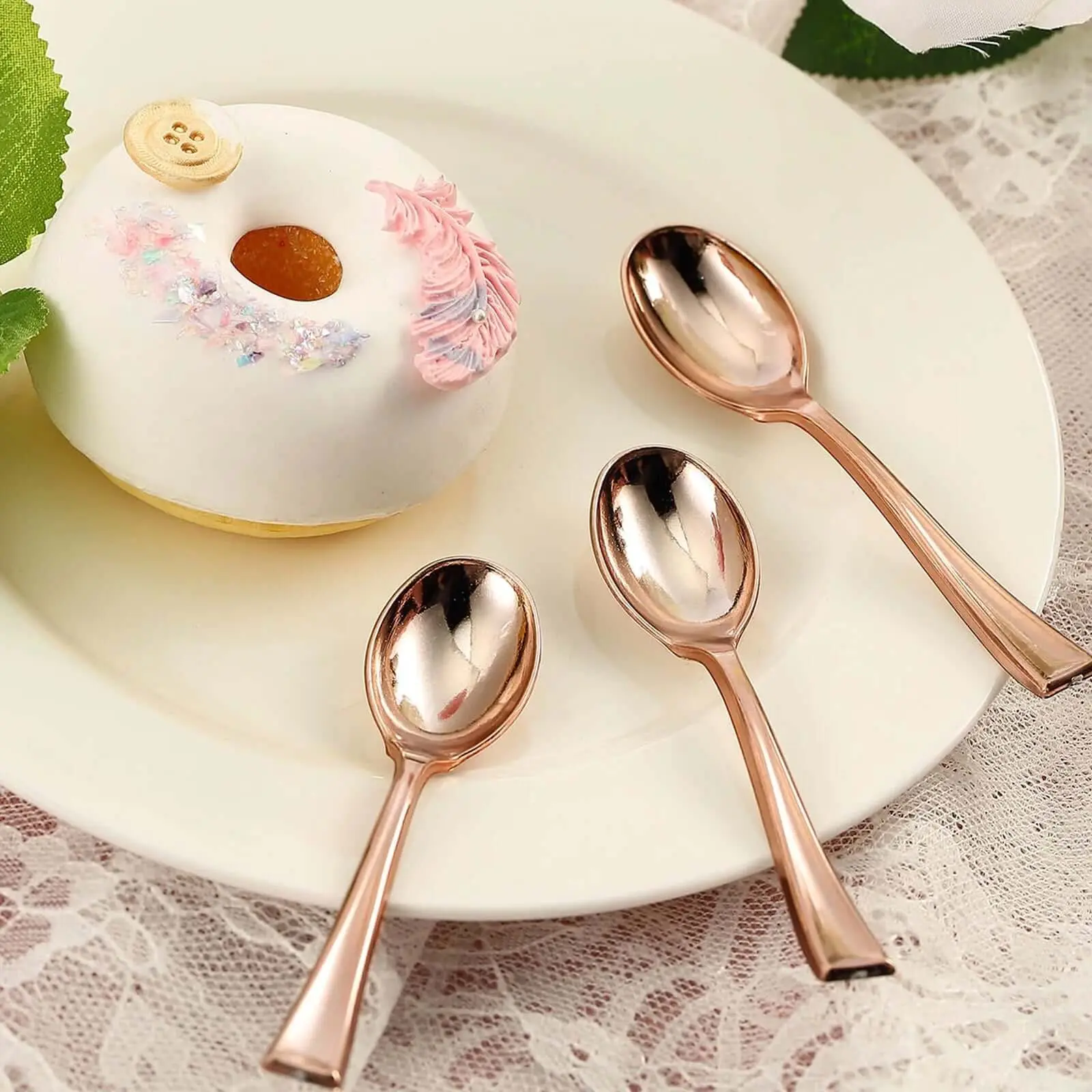24-Pack Rose Gold Plastic Mini Dessert Spoon Set, 4" Heavy Duty Disposable Cutlery for Tableware