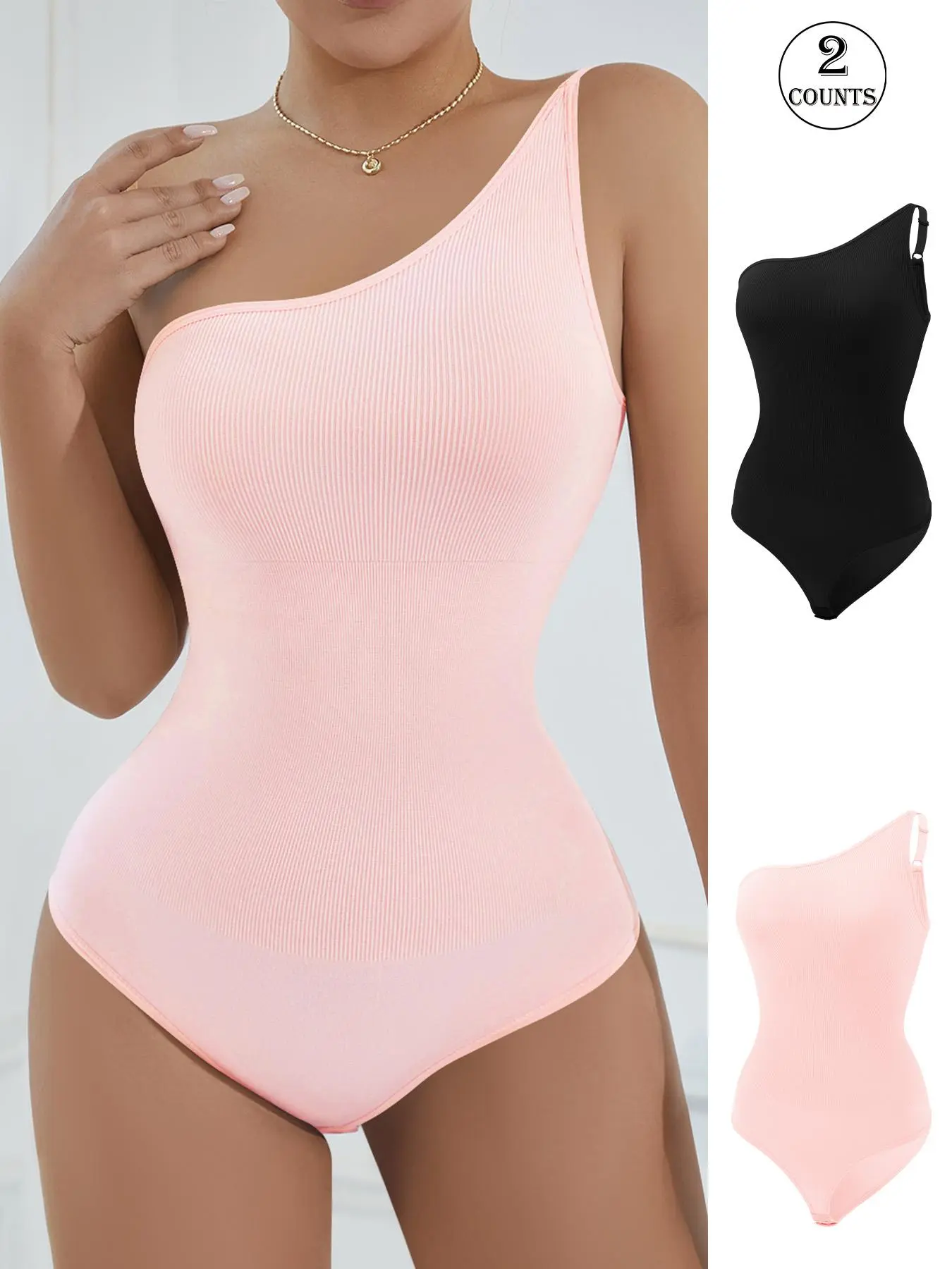 Women's Solid Ribbed Shapewear Bodysuit, Casual Comfy High Stretch Shaper for Daily Wear, Tummy Control Butt Lifter, Ladies Shapewear for All Seasons