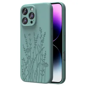 Magnetic Engraved iPhone 16 Pro Max Case, MagSafe, Camera Protection, Slim Liquid Silicone, Midnight Green Flower