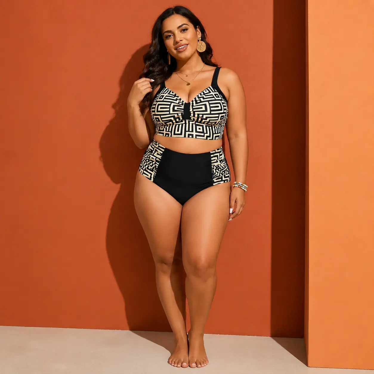 Women's Plus Size Black and Cream Geometric Bikini Set High Waisted Two Piece Swimsuit with V Neck Longline Top Bold Graphic Print Contrast Panel Bottom Resort Pool Beach Swimwear
