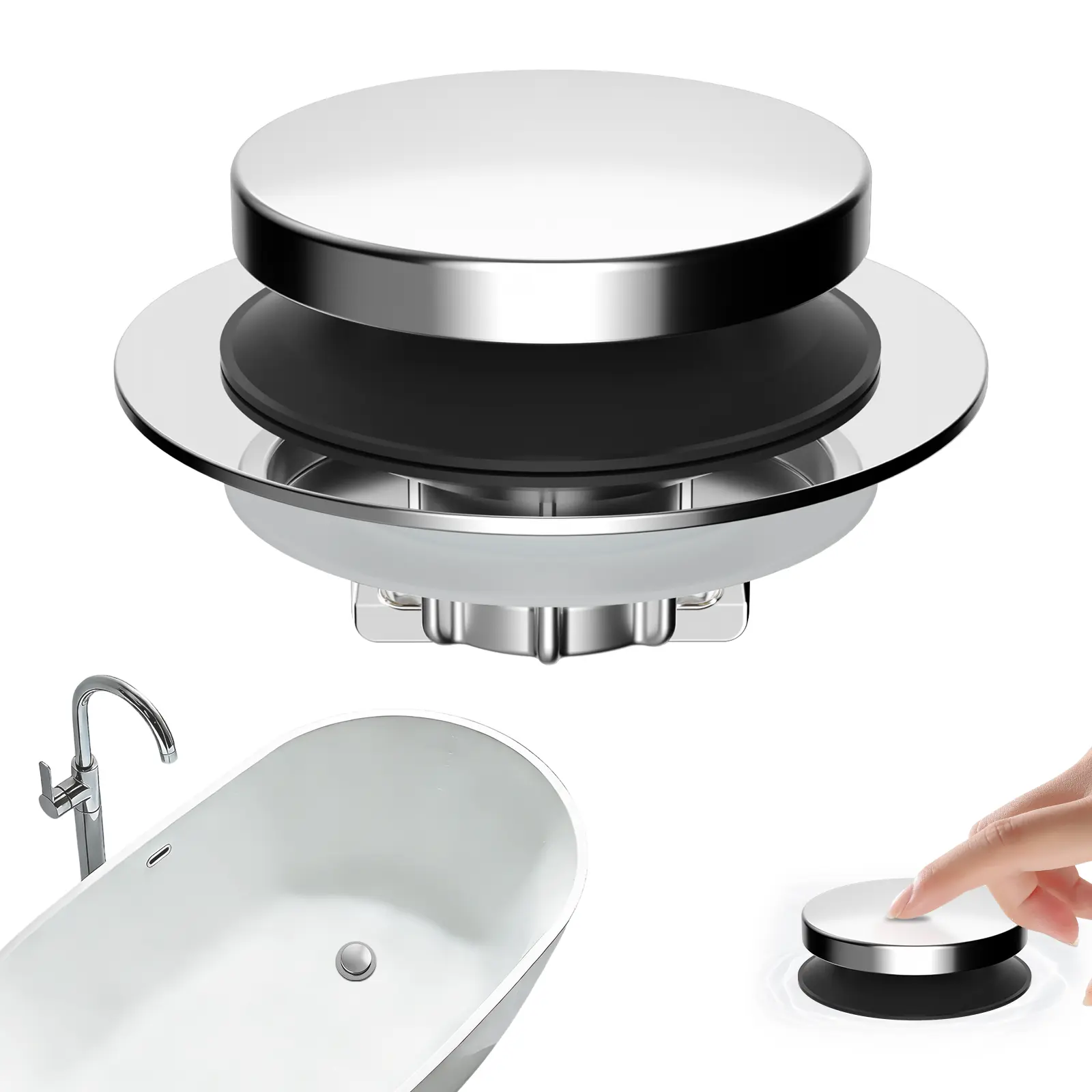 Hibbent 3 in 1 Metal Bathtub Drain Stopper, Universal Pop Up Tub Stopper, Bathtub Drain Hair Catcher, Removable Filter Basket, Anti-Clogging Drain Plug for 1.5''~2.4'' Drain, Brass Bullet Core