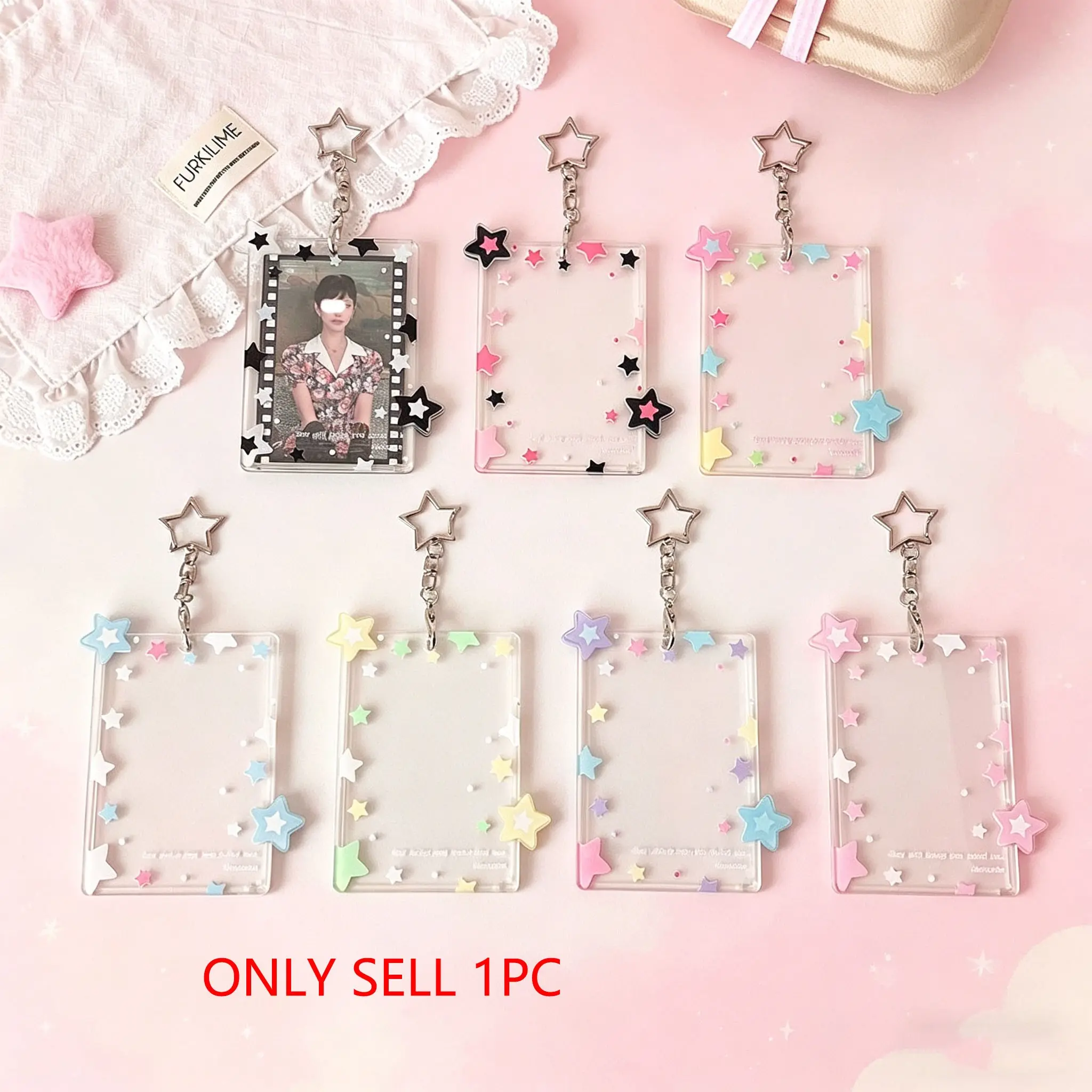 Colorful Star Pendant Card Holder, Transparent Acrylics Three-Inch Small Card Display Case, Hard Photo Card Sleeve, Idol Girl Accessory, Clear Id Badge Holder, Card Id Slots