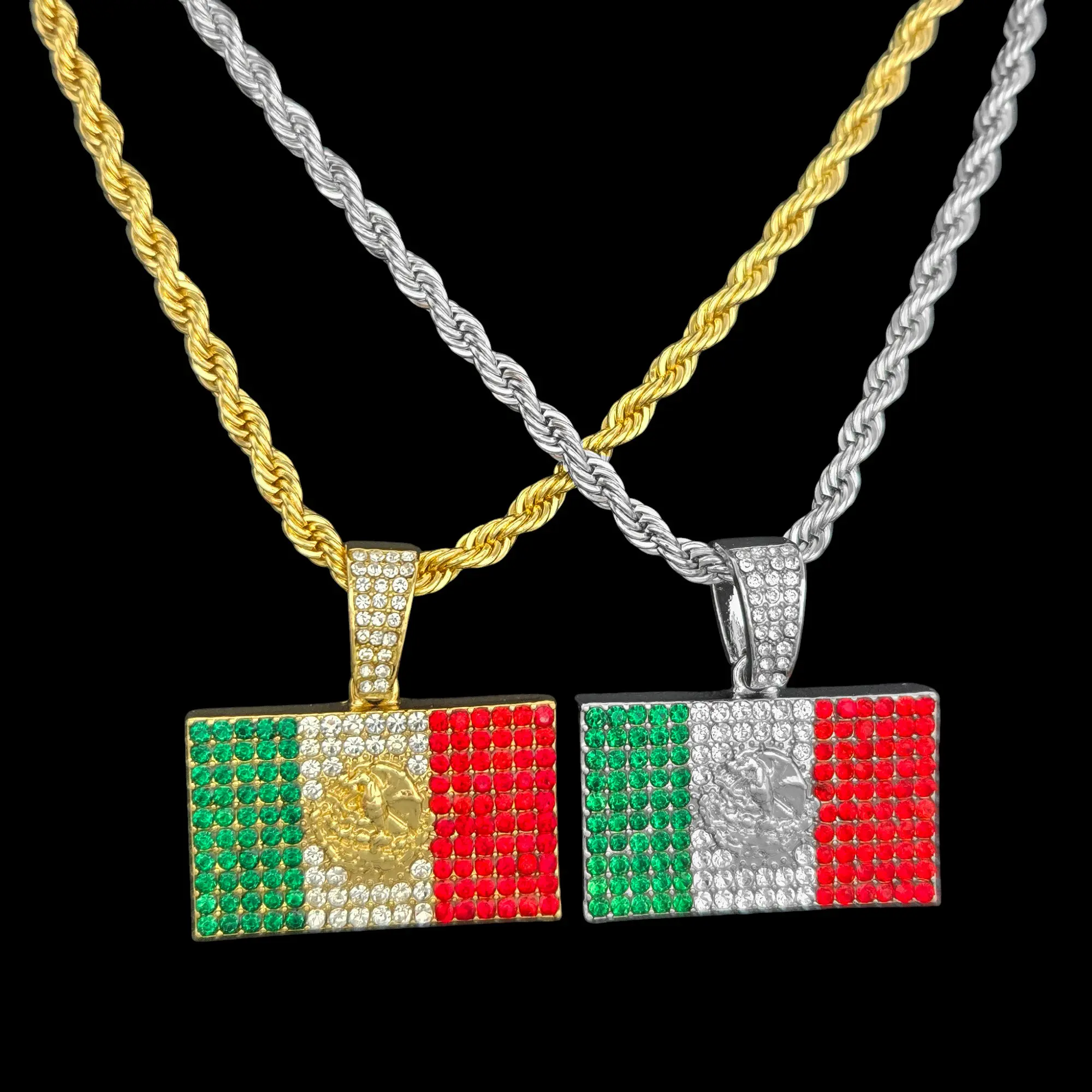 MaxBling81 Iced Cuban Link Necklace - 4mm 24" Gold/Silver Plated Mexican Motif Flag Charm, Unisex Ice/Gold Chain Costume Jewelry Accessory for Daily Wear, Gold Chain Necklaces, Mexican Motif Necklaces