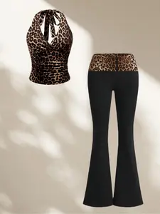 Trendy Leopard Print & Solid Color Casual Halter Neck Top Set, Slimming Waist Design, Fitted, Perfect for Spring Summer Fall, Flared, Pants