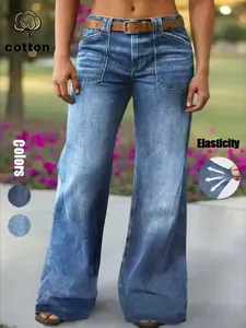 Women's Denim Jean Long Pants, Trouser, Elastic Wide-Leg Design, Fit, Multi-Color, Pockets, Vintage Style, Fashionable and Elegant, Suitable for All Seasons, Wideleg