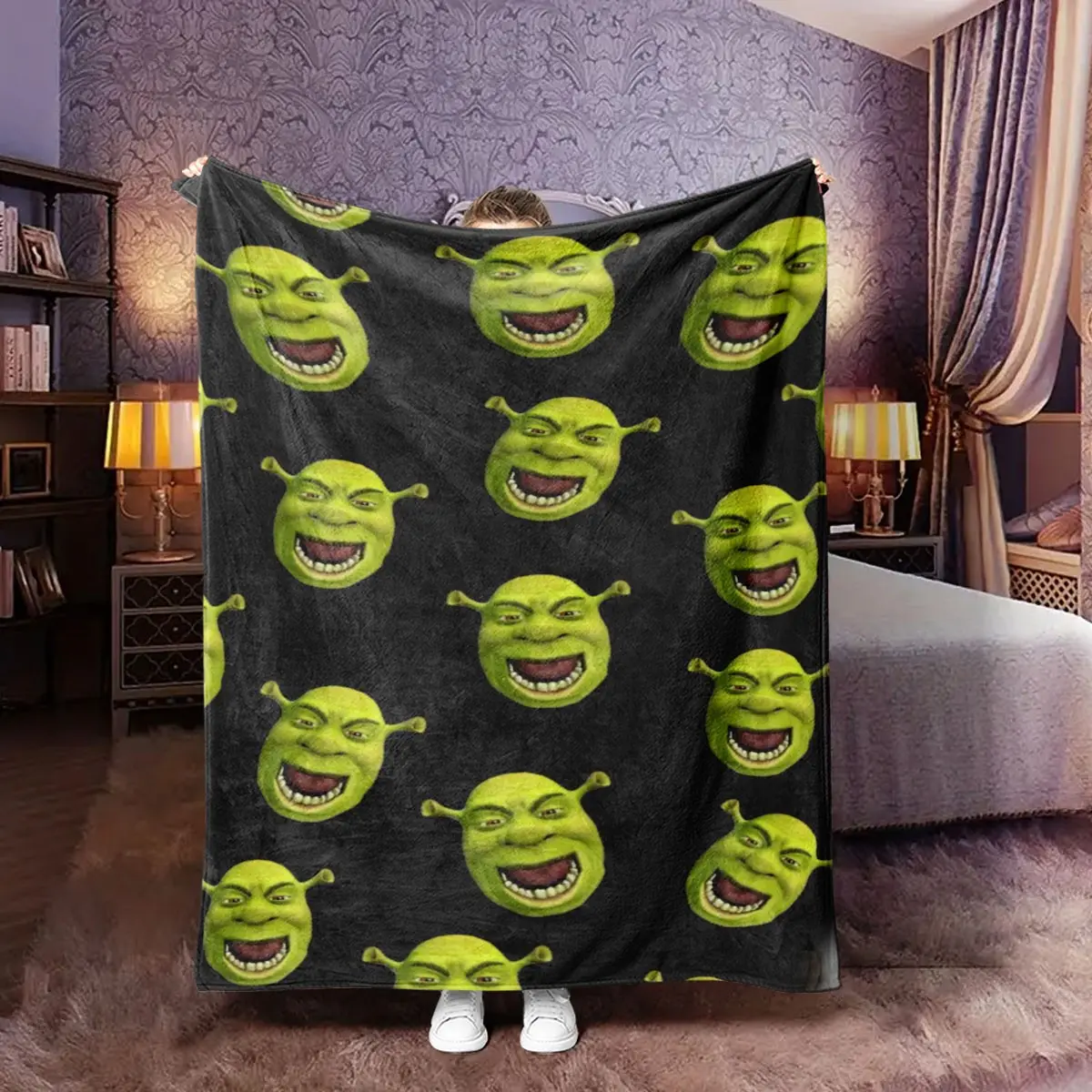 Funny Shrek Full Print Flannel Throw Blanket, Soft Cozy Blanket, Soft Comfortable Fabric, Perfect Gift for Boys Girls Men Women, Home Decor and Warmth, Cartoon Print Blanket, Cartoon Pattern Blanket, Blanket Gifts