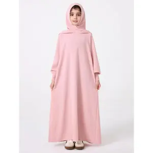 Girls' Solid Color Hooded Dress, Muslim Style Long Sleeve Dress, Suitable Parties and Vacations, Children's Clothing, Suitable All Seasons