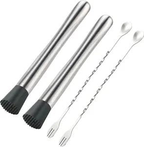 4Pcs 10'' Muddler and Spoon Set for Cocktails 304 Stainless Steel Fruit Smasher Home Bar Bartender Accessories Stirrers Mixing Tools for Mojitos Drinks Lemonade Stand Supplies