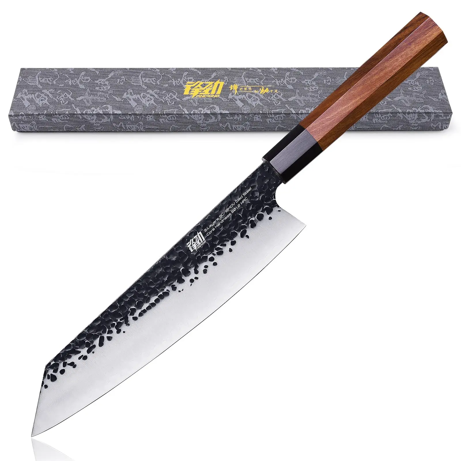 FINDKING Dynasty Series 9-Inch Japanese Kiritsuke Kitchen Knife, 9Cr18MoV High Carbon Steel Blade, African Rosewood Octagonal Handle, Multi-Purpose Cutlery for Meat, Fruits, Knives