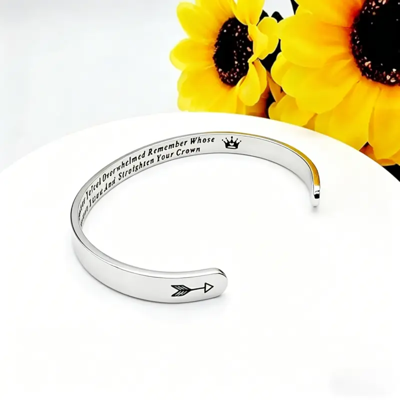 Motivational Open Cuff Bracelet, When You Feel Overwhelmed Remember Whose You Are Quote Jewelry, Crown and Arrow Engraved Bangle, Self Care Gift for Her, Adjustable Daily Reminder Bracelet