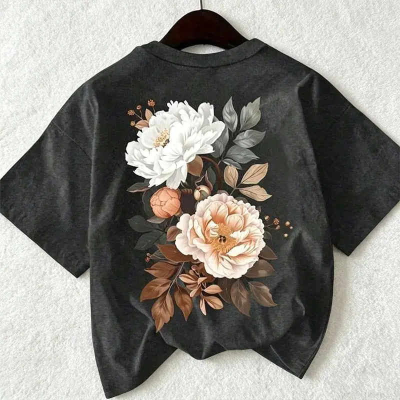 Cotton Graphic Tee Vintage Flower Print Shirt Retro Floral Aesthetic Streetwear Soft Breathable Short Sleeve Crewneck Casual Everyday Wear Relaxed Fit Trendy Summer Outfit Gift Idea