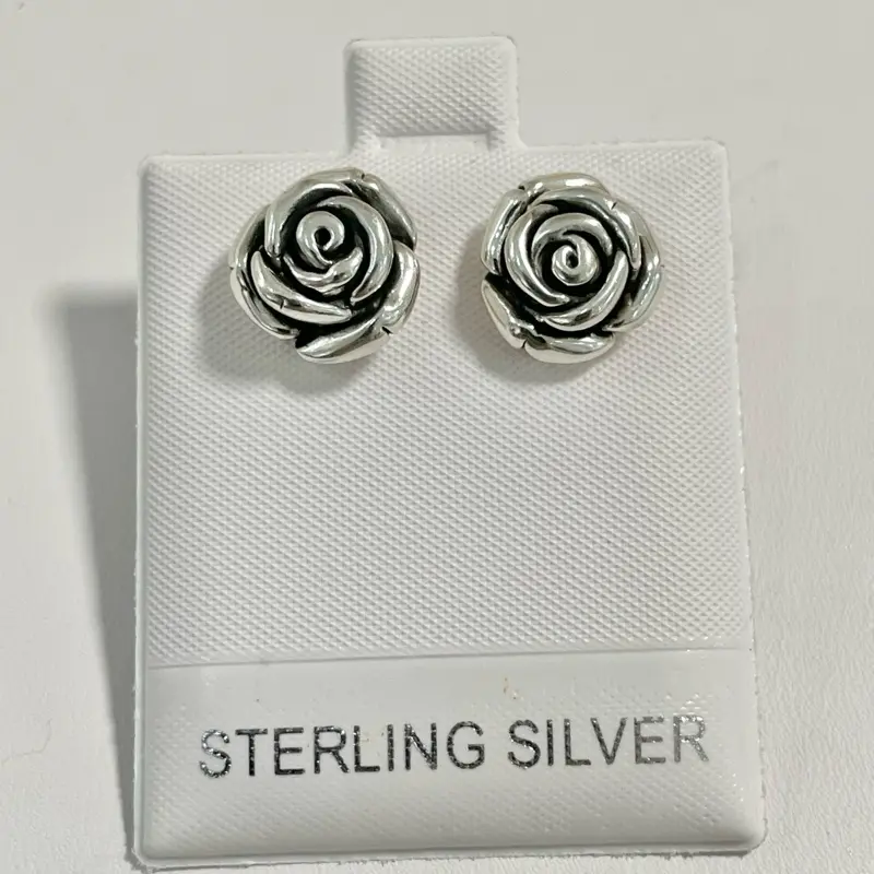 Sterling Silver 925 Small Rose Flower Stud Earrings Lightweight Electroform Jewelry
