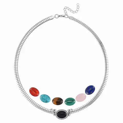 7pcs Interchangeable Multi Gemstone 51.00 ctw Omega Chain Necklace 18-20 Inches in Stainless Steel