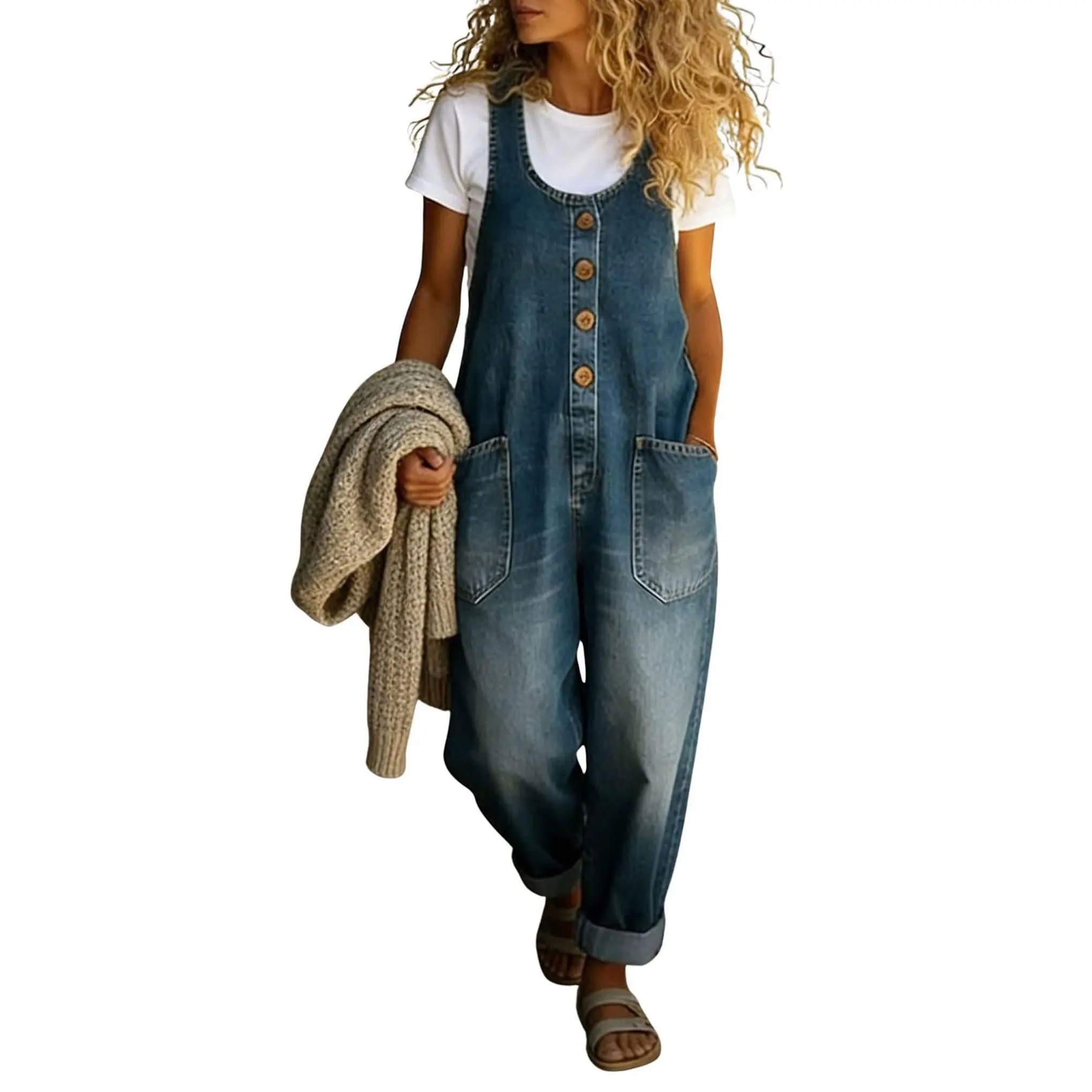 Chouyatou Women's Y2K Loose-Fit Denim Overalls Distressed Wide-Leg Utility Jumpsuit