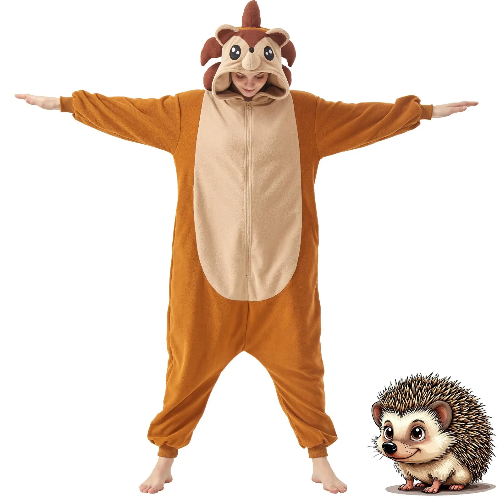 Adults' Hedgehog Onesie Pajama, Baggy Knit Animal Costume with a Hood and Zip Front for Halloween Party & Cosplay, Nightwear