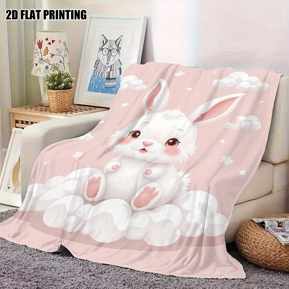 Pink Cloud Baby Bunny Flannel Blanket - Kawaii Rabbit Starry Sky, Soft Cozy Warm Plush Throw, Ideal Baby Shower Gift for Girls, Nursery Bedroom Decor