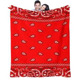 Red Paisley Print Blanket, Warm and Fluffy Flannel Throw, Cozy and Durable Square Nap Blanket, Perfect Gift Blanket for Retro Ethnic Style Enthusiasts
