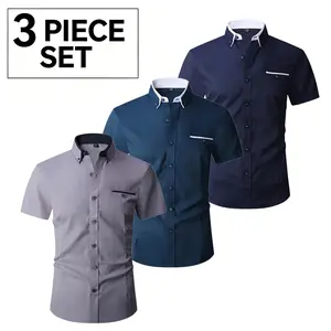 3-Pack Men’s Color-Block Collar Slim Fit Short Sleeve Shirts, Business Casual Button-Front Dress Tops
