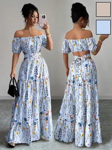 Floral Off-Shoulder Long Bohemian Dress, Casual Wear, Boho Summer Vibes, Backless Design, Flowy Skirt, Perfect for Dates and Vacations, Stylish and Comfortable