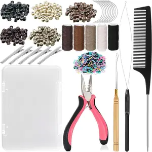 Hair Extension Tools Kit with 500 Silicone Lined Ring Beads 1 Plier 1 Threader 1 Crochet Hook 10 Curved Needles 5 Clips 5 Threads 100 Bands Storage Case for Various Hair Types