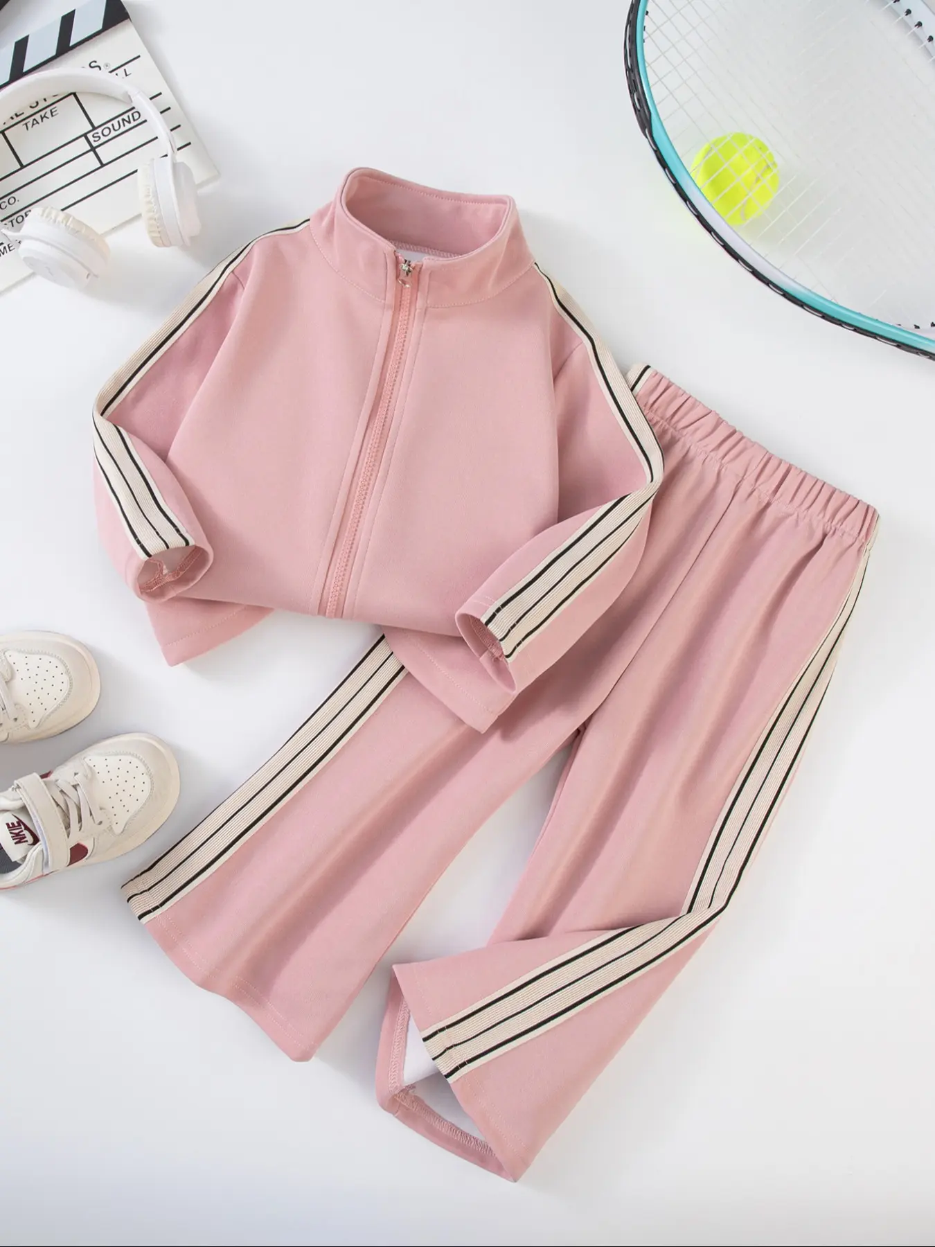 Girls' Sports Set, Tracksuit Set, Kids Girls Clothing, Deep Blue Striped Jacket & Side Decor Pants, School Style for Ages 2-8, Daily Training Wear, Clothes Kids