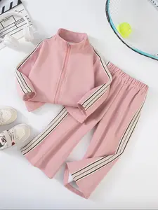 Girls' Sports Set, Deep Blue Striped Jacket & Side Decor Pants, School Style for Ages 2-8, Daily Training Wear, Track Uniforms Girls, Kids Girls Clothing