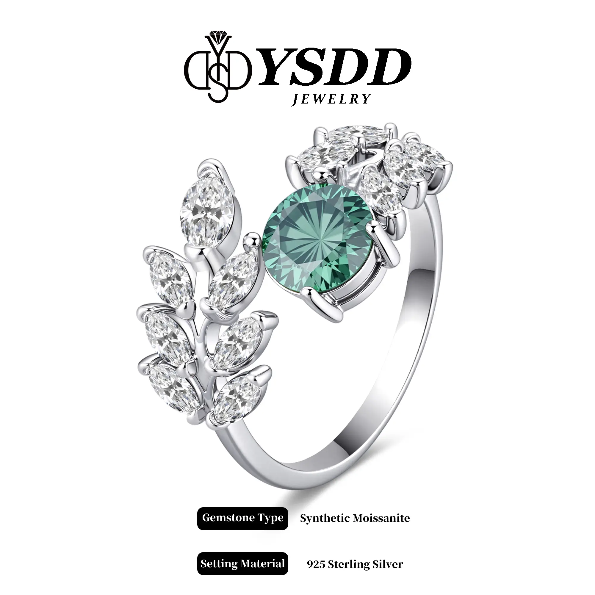 【#227 TODAY ONLY】 Emerald Green Synthetic Moissanite Leaf Statement Ring 1Carat in 925 Sterling Silver