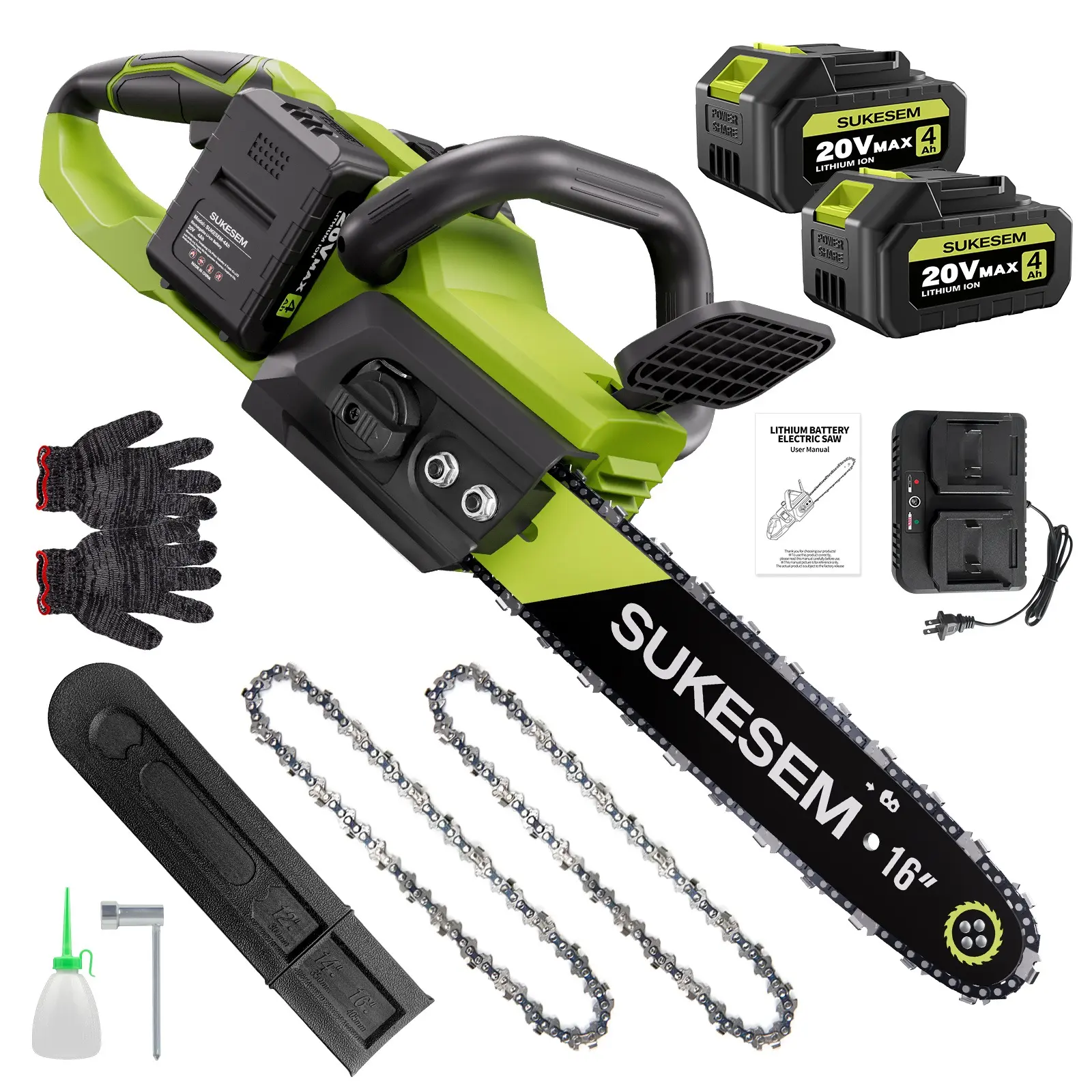 SUKESEM 16-Inch Brushless Electric Chainsaw with 2 x 4.0Ah Batteries & Charger, Tool-Free Chain Tensioning, Automatic Lubrication for Tree Trimming, Wood Cutting