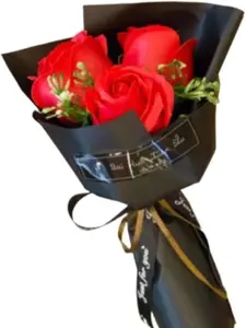 Red 3 Heads Artificial Rose Bouquet Soap Flower Petals Valentine Day Gifts for Women Best Birthday Christmas & Valentine's Day Decorative Unique Design Versatile Gift Fruit Plants Daughter Friend